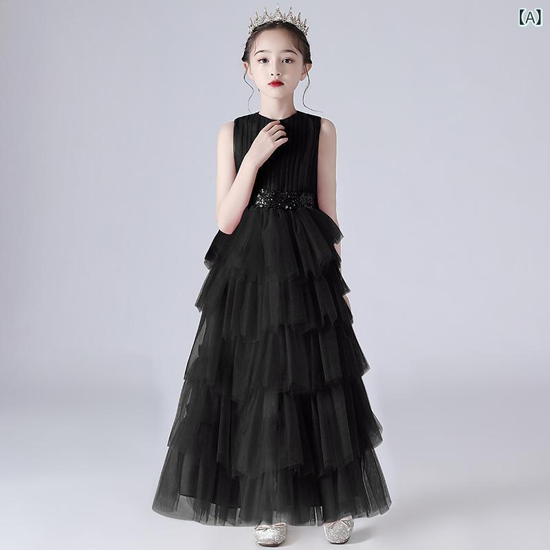 Rakuten - 女の子 礼服 スカート 女童 ドレス プリンセスドレス 演奏会 ステージ衣装 黒 ロングドレス 女児 フォーマルドレス 聚酯繊維 プリーツ加工 春秋冬 通年 かわいい 膝丈 ロング丈 100-160cm