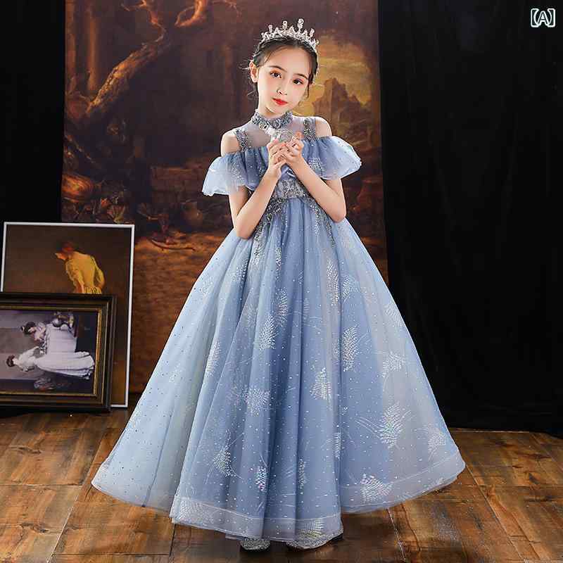 樂天商城 - 子供ドレス 女の子用 プリンセスドレス 花嫁ドレス 蓬蓬スカート 結婚式 パーティー 夏用 春夏 秋用 レース チュール プリンセス セットアップ ポリエステル ブルー 中小童 褶加工 剪毛加工