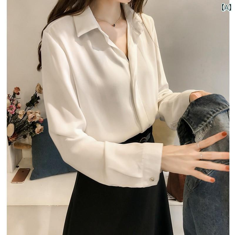 Rakuten - レディース シャツ トップス 長袖 春夏 秋冬 通勤 普段使い 学生 韓国風 純色 ポロシャツ 切り替え ワイド ゆったり 大きいサイズ 綿 ポリエステル 白色 ブラック ベージュ ブルー 気質 単排ボタン セットインスリーブ 普通丈