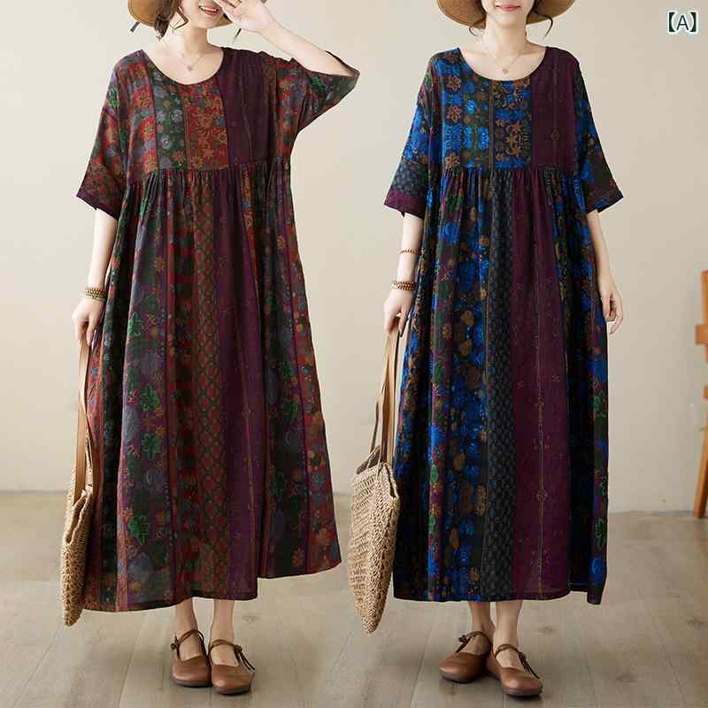 ワンピース レディース 中高年 ママ服 民族風 丸首 短袖 ゆったり スリム効果 プリント Aライン ロングスカート 赤 青 通勤 通勤風 気品 アクネロン 95%以上 2025夏(4.0)
