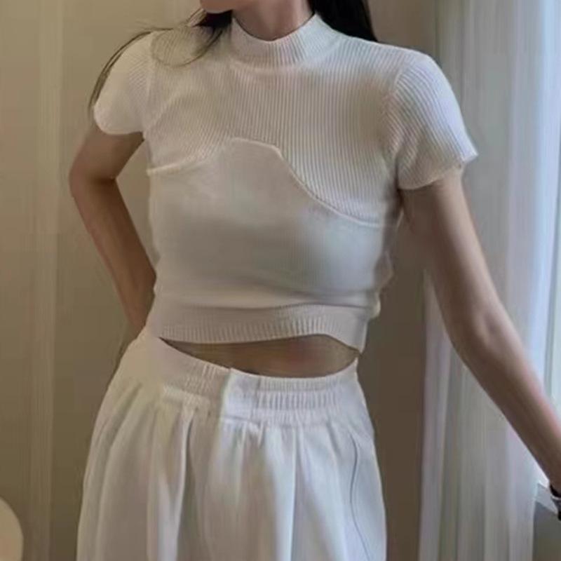 乐天商城 - ニット トップス 女性用 秋冬 半袖 丸首 修身 スリム かわいい 短丈 プルオーバー 薄手 綿 ポリエステル 切り替え 純色 白色 ブラック ベージュ グリーン ピンク レッド カーキ 快適 ゆったり 普段使い 秋 トップス シャツ