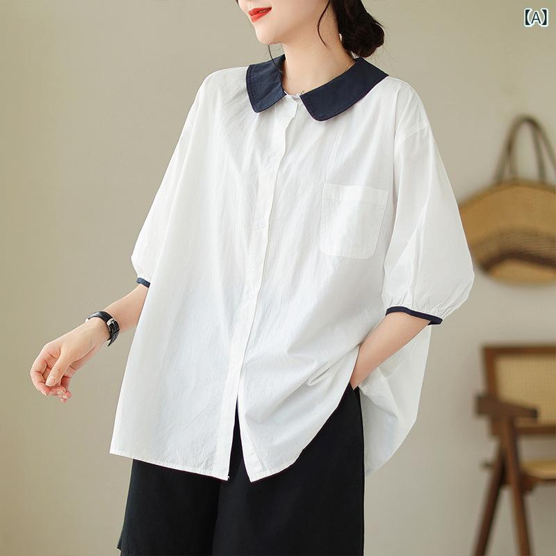 Three-Quarter - シャツ レディース 短袖 娃娃領 落肩袖 ゆったり 接触冷感 再生繊維 切り替え 純色 ホワイト 杏色 ライトブルー 通勤 通年 普段使い かわいい スタイルアップ