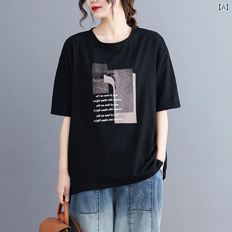 Tシャツ 女性用 短袖 トップス 丸首 ゆったり ビッグサイズ 中長丈 純棉 風景柄 文字柄 プリント 接触冷感 通勤 普段使い ブラック グリーン ホワイト 春夏
