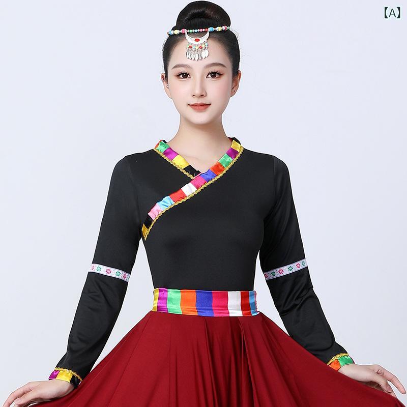 Tops - 女性ダンス 上衣 チベット風 中袖 トップス 再生繊維 中高年 広場ダンス 服 民族舞 衣装 練功服 織り帯 立領 Vネック 縞柄 ブラック ホワイト 赤 ピンク系 ブルー 接触冷感 伸縮性 吸湿速乾 通年 フィットネス ステージ ゆったり 大きいサイズ