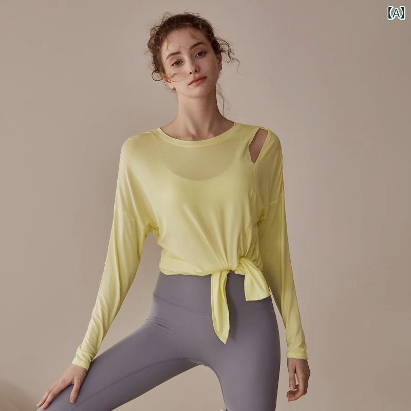 Tops - ヨガトップス レディース 長袖 開き 結び 綿 接触冷感 伸縮性 通年 運動 フィットネス ピラティス トレーニング ランニング サイクリング 徒歩 登山 キャンプ 丸首 ゆったり トップス シャツ ブラウス スポーツウェア 部屋着 普段使い 綿素材 吸