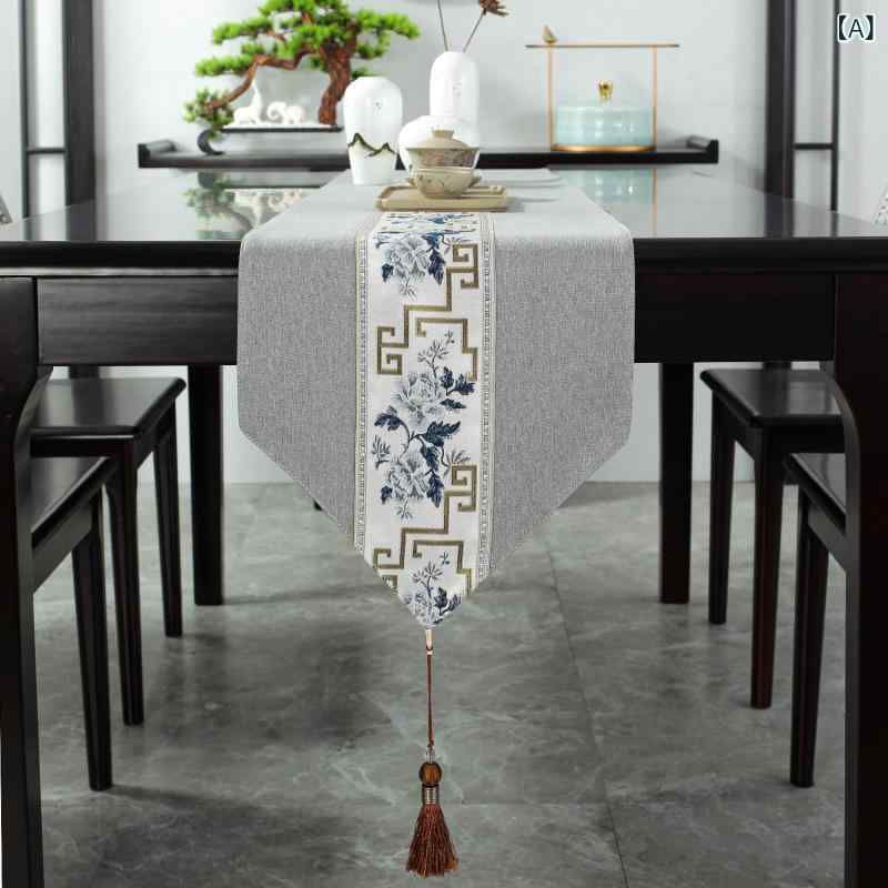 Rakuten - テーブルランナー 防水 刺繍 和風 茶席 禅 長方形 テーブルクロス 綿麻 混紡 ポリエステル コットン リネン 深色 牡丹柄 吊穗 国風 ダイニング ティーテーブル 布 商用 インテリア