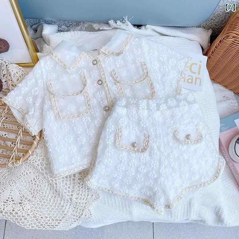 裙套裝 - 女の子 子供服 春夏 セットアップ 短袖 トップス ショートパンツ 2点セット 薄手 柔らか素材 ポリエステル 100% 純色 ホワイト ネット生地 軽量 通気性 かわいい 韓国風 3〜8歳 中小童 100〜140cm 普段使い カジュアル 涼しい 接触