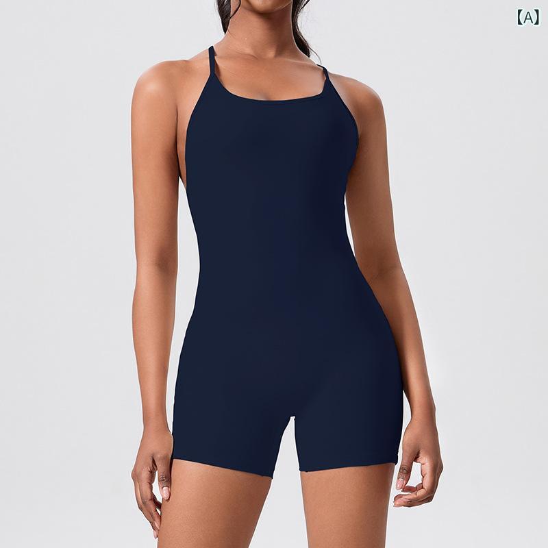 Ladies Wear - レディース ヨガウェア 連体式 タイトフィット 超強伸縮 ヒップアップ 美背 クロスストラップ 無袖 短上 束腿 ナイロン スパンデックス 接触冷感 通年 深海ブルー ブラック 中ブルー アイボリー ランニング フィットネス ダンス ピラティス 部屋着