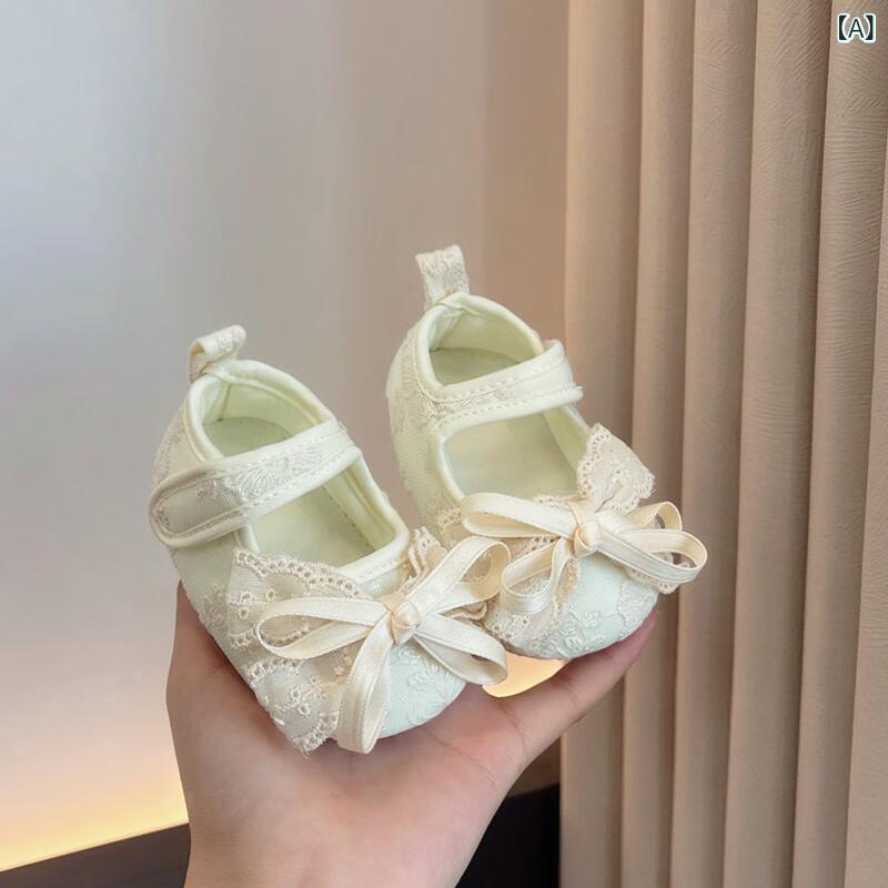 Shoes - ベビーシューズ 女の子用 春夏 歩行前 0-12ヶ月 綿布 ソフトソール 米白色 ピンク 防滑 魔術貼 プリンセス 軽量 通気性 室内用 普段使い