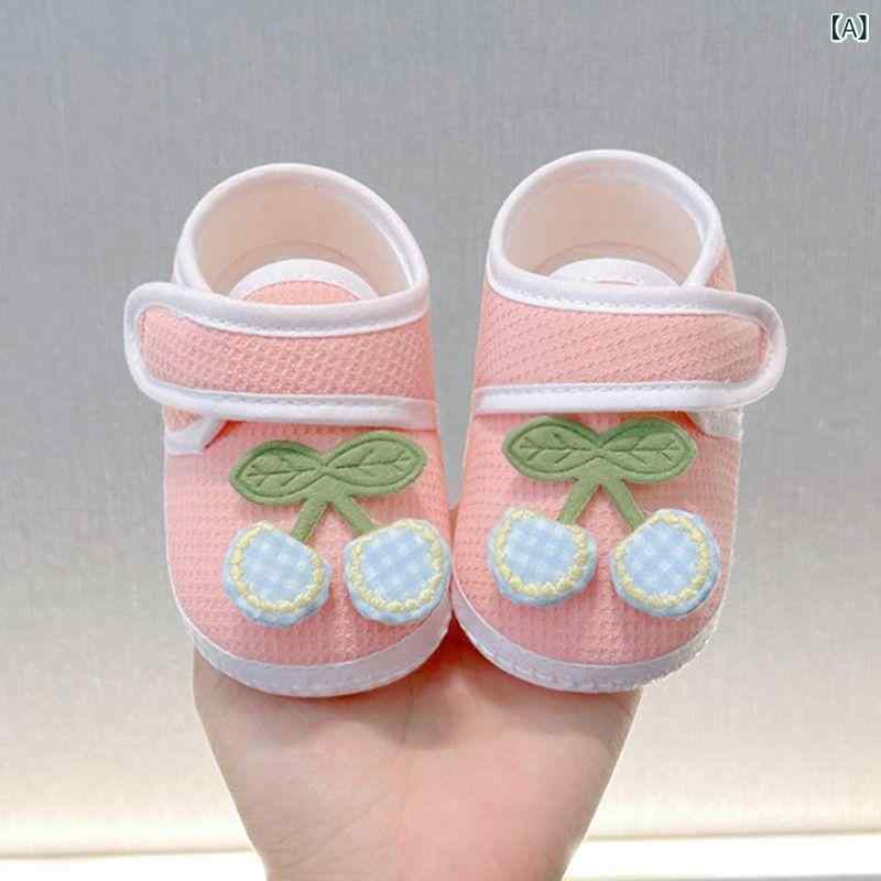 Shoes - ベビーシューズ 男女兼用 春秋 ソフトソール 学歩用 布地 接触冷感 防滑 魔術テープ ピンク ブルー イエロー 桜桃柄 格子柄 雲朵柄 綿素材 軽量 通気性
