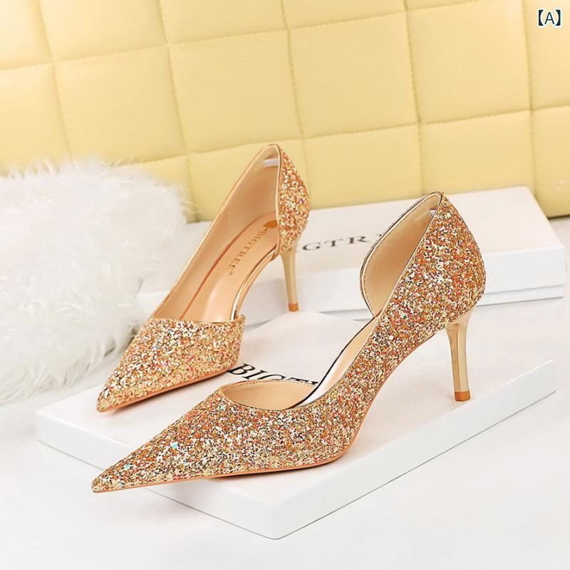 パンプス レディース ヒール 細ヒール 高ヒール 7cm 10.5cm シングルシューズ 尖頭 浅口 低幫 亮片 ラメ 布地 切り抜き ホロウデザイン 純色 香槟色 シルバー ブラック ブルー 春秋 宴会用 欧米スタイル ゴム底 PUインソール 着脱簡単