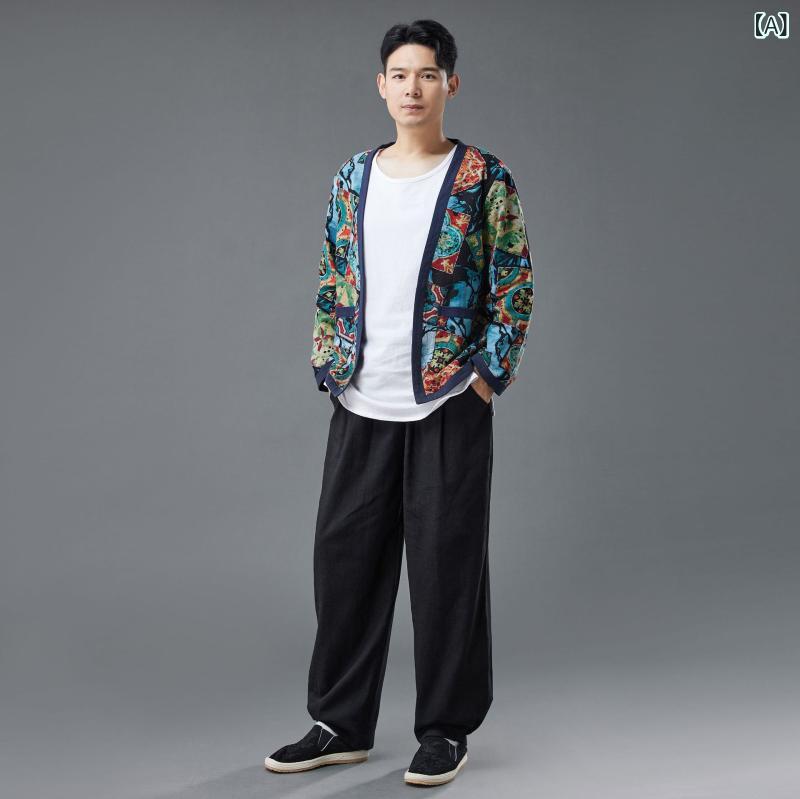 Rakuten - メンズ カーディガン 綿麻 印花 開衫 外套 ダブルレイヤー 復古 民族風 シャツ トップス 長袖 翻領 ゆったり シルエット プリント 柄 インド風 フラワー カジュアル 普段使い 四季対応