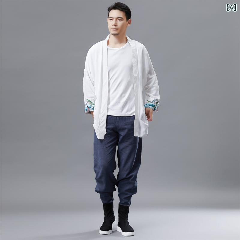 乐天商城 - メンズ 開襟シャツ トップス 長袖 立領 綿 薄手 幅広 ゆるシルエット プリント 刺繍 シワ加工 切り替え 復古 民族風 秋冬 秋 白色 軽量 吸湿速乾 普段使い カジュアル ファッション