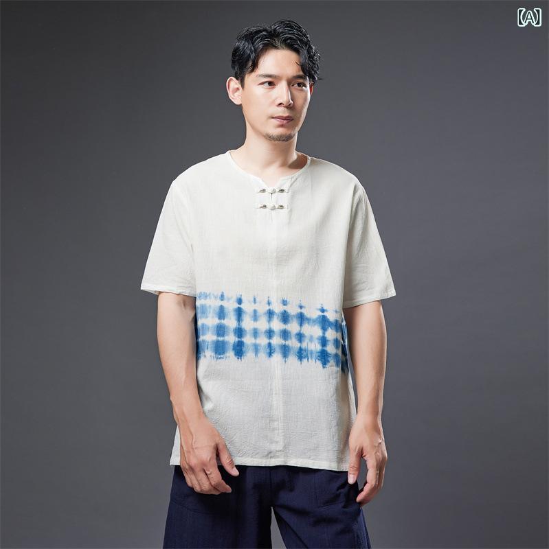 乐天商城 - Tシャツ メンズ 短袖 Vネック ゆったりシルエット 薄手 洗いざらし 綿麻 接触冷感 夏 春夏 インディゴ染め 植物染め 切り替え ユニセックス カジュアル 普段使い 吸湿速乾 通勤 通学 アウトドア 軽量 伸縮性