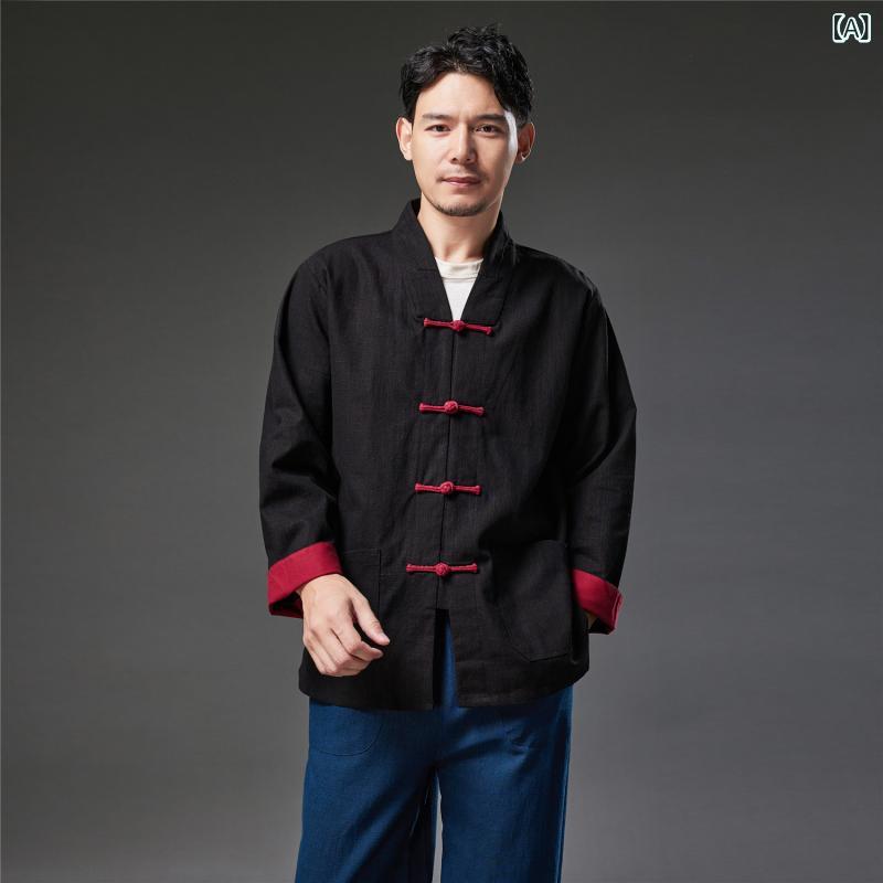 其它 - 長袖シャツ メンズ 麻素材 立領 盤ボタン 切り替え 秋冬 ゆったりシルエット ビジネスカジュアル 普段使い ブラック ネイビー ダークレッド 再生繊維 吸湿速乾 軽量 通勤 通年