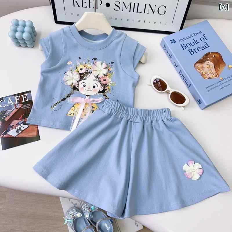 女の子 夏 子供服 セット トップス 短パン キャミソール 半袖 Tシャツ ノースリーブ 綿 柔らかい 薄手 かわいい カードプリント 運動風 韓国風 潮 ブルー イエロー 中小 3〜8歳 90〜140cm 通学 遊び着 カジュアル