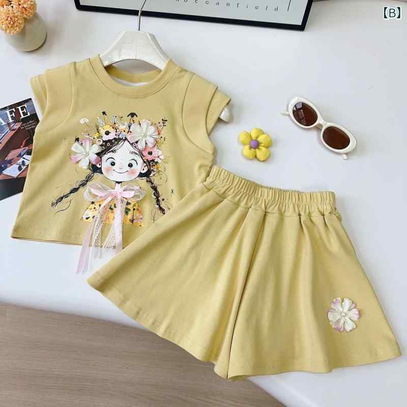 narukiの女の子 夏 子供服 セット トップス 短パン キャミソール 半袖 Tシャツ ノースリーブ 綿 柔らかい 薄手 かわいい カードプリント 運動風 韓国風 潮 ブルー イエロー 中小 3〜8歳 90〜140cm 通学 遊び着 カジュアル｜アングル2
