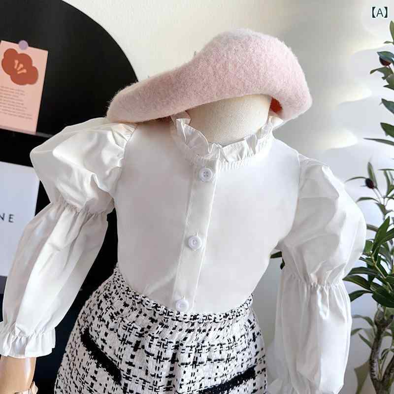 Rakuten - 女児 キッズ 女の子 春 春季 長袖 シャツ トップス 吊り帯 キャミソール 半身スカート プリーツスカート スカートセット 2点セット 薄手 柔らかい ポリエステル コットン風 かわいい 韓国風 3〜8歳 中小児 日常着 通学 遊び着 軽量 伸縮性 春