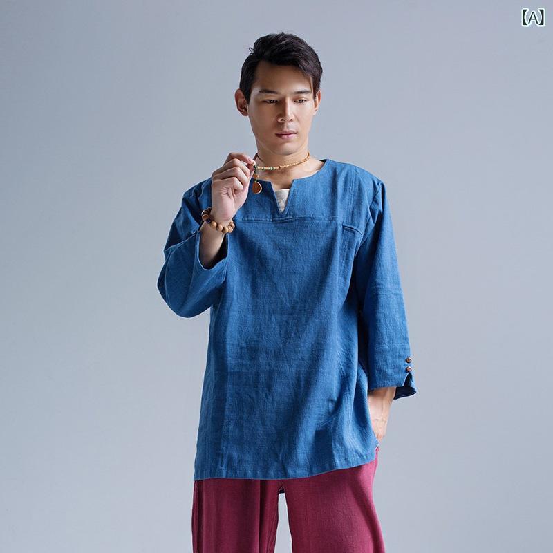 Tシャツ メンズ 男性用 麻 苎麻 91% 以上 Vネック 長袖 切り替え ピス ブルー 純色 ルーズフィット ゆったりシルエット セットインスリーブ 普通厚 通勤 普段使い 部屋着 カジュアル ファッション 都市スタイル 青年向け 四季