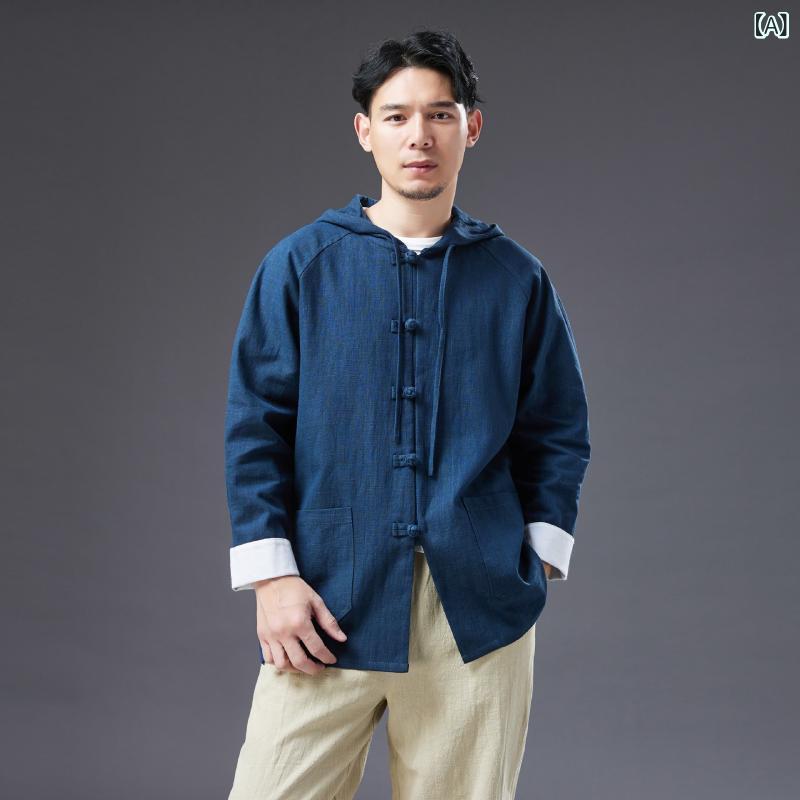 乐天商城 - シャツ メンズ 麻 リネン 盤ボタン フード付き ロールアップ袖 中国風 ルーズ トップス 上着 ゆったり 日常使い 青年向け インディゴ ネイビー コーヒーブラウン ワインレッド 四季対応 軽量 通気性 吸湿速乾 切り替えデザイン