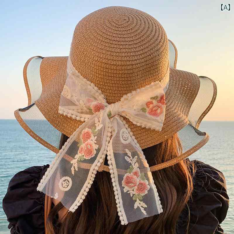 麦わら帽子 女性用 春夏 透気 大沿 防晒 観光 紫外線対策 かわいい リボン 花柄レース かき色 ピンク ネイビー ベージュ アイボリー ポリエステル 軽量 通勤 普段使い アウトドア