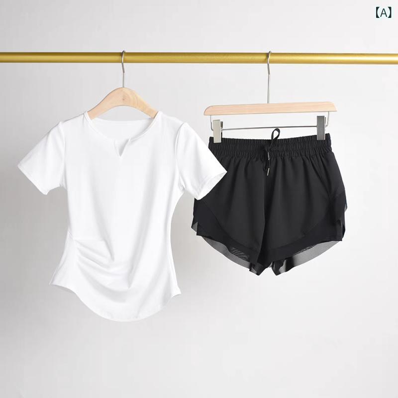 Ladies Wear - レディース ヨガウェア セット 女性用 春夏 速乾 Vネック 短袖トップス ショーツ 接触冷感 伸縮性 ニット混紡 ランニング フィットネス ジムウェア フィットネス美体 サイクリング ハイキング ホワイト ブラック グリーン レッド ピンク パープル