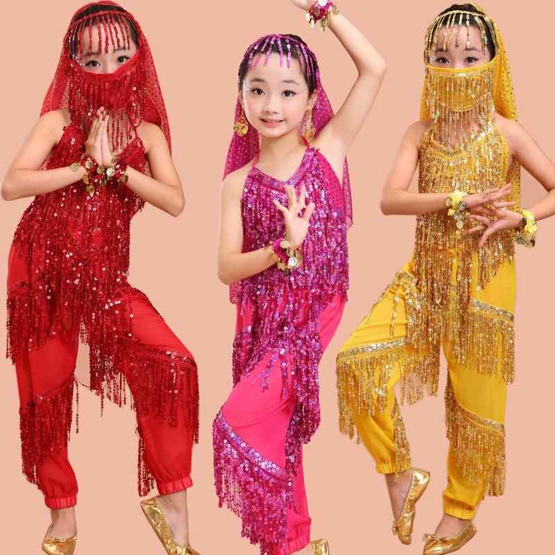 女児 民族舞 衣装 女の子 インド舞 新疆舞 ベリーダンス チュチュースカート 流蘇 子供 ダンス衣装 幼児 雪紡 透け感 ピンク系 イエロー系 レッド系 グリーン系 春夏 セット かわいい 軽量 伸縮性 ステージ衣装 部落風 奇幻デザイン