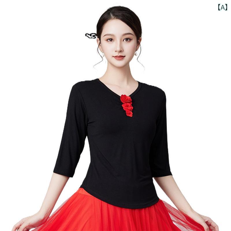 Ladies Wear - 民族舞 上衣 レディース 中袖 春夏 中高年 民族風 モダール 碎花柄 切り替え 吸湿速乾 伸縮性 軽量 通勤用 普段使い 部屋着 ダンスウェア トップス 再生繊維 かわいい ゆったりシルエット