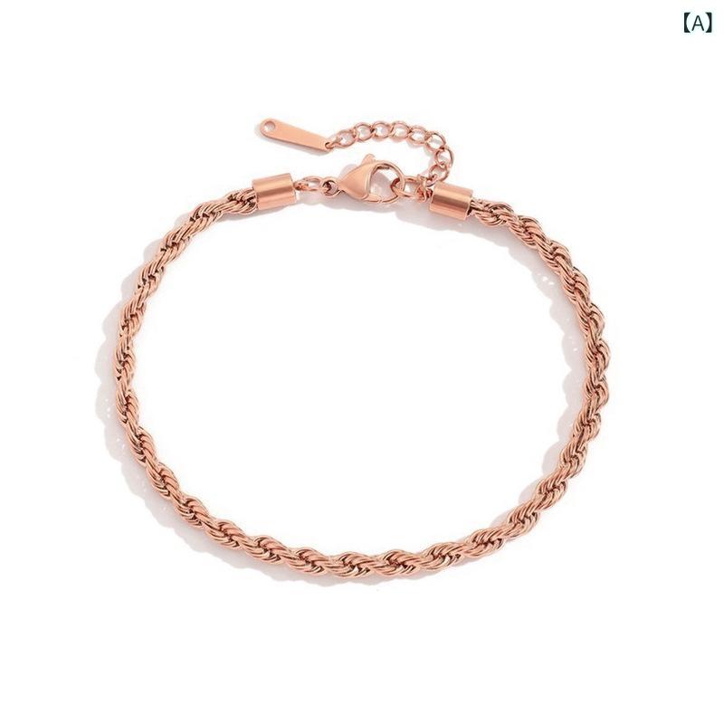 Other - 脚飾 アンクレット メンズ レディース ユニセックス 麻花チェーン ローズゴールド 14K メッキ ステンレス チタンスチール 合金 シンプル 幾何学 細幅 4mm 秋 秋冬