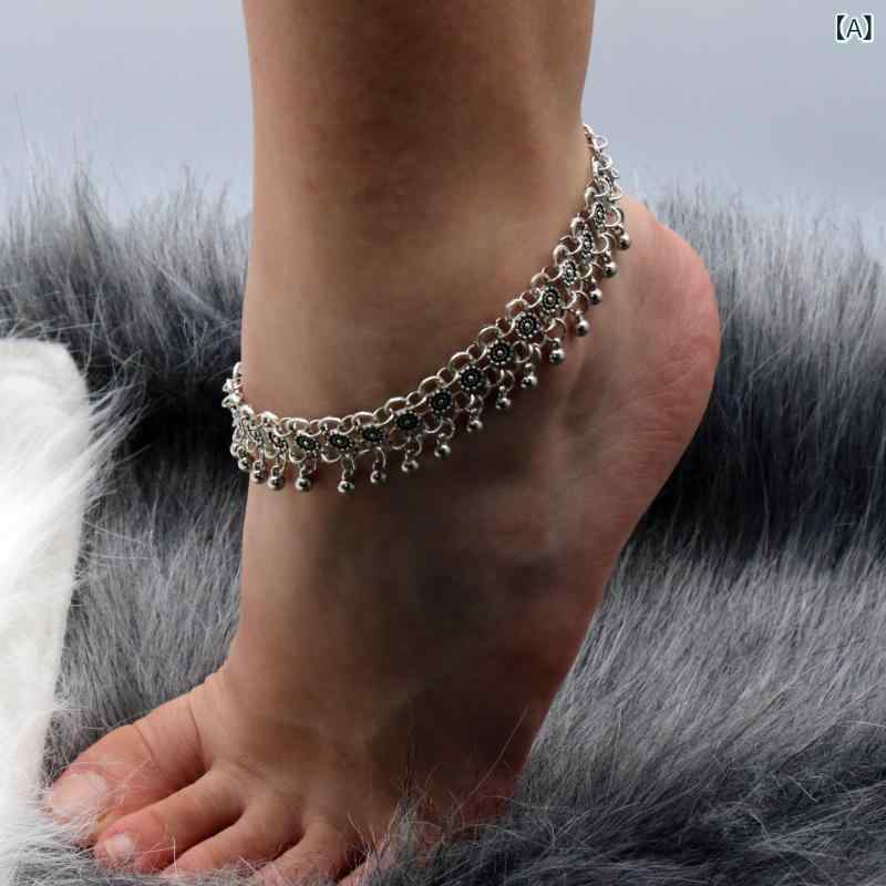 Anklets - 脚飾 女性用 フットチェーン 手首チェーン ビーズ 流蘇 復古 彫刻 コイン型 合金 古シルバー 夏 ビーチ 欧米風 エスニック ファッション アクセサリー