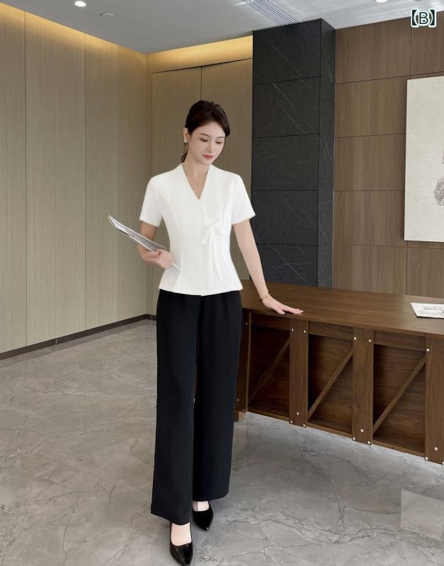 美容院 作業着 女性用 夏季 足療 足浴 セットアップ 短袖 七分袖 トップス ブラック パンツ 刺繍 切り替え 化繊混紡 三醋酸繊維 快適 休闲 杏色 白色