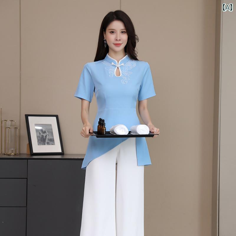 足浴服 女性用 技師 作業着 セットアップ 短袖 長ズボン 立領 吸湿速乾 ポリエステル 再生繊維 接触冷感 通勤 ホテル 美容院 按摩店 足疗店 養生館 ブルー 抹茶色 ライトブルー かわいい 高級感 軽量 伸縮性