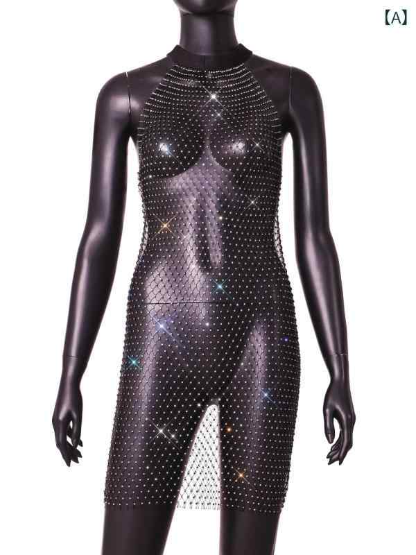 Camisoles - ワンピース レディース 黒 メッシュ キラキラ ラメ 丸首 切り替え 短袖 直線 ルーズ フィット 透け感 コットン 金属 加工 ストレッチ 軽量 夏 春夏 ストリート ファッション 普段使い フェス コーデ カジュアル トップス ドレス