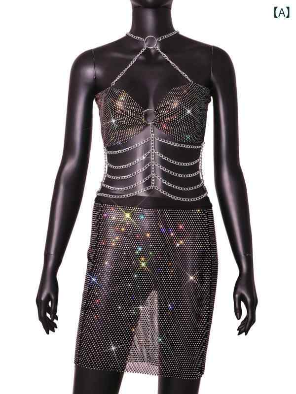 系肩带 - レディース セクシー セットアップ 透け感 漁網 演出服 トップス ブラック スカート ブラック Aライン ショート丈 Uネック ノースリーブ 中腰 背中開き 切り替え ナイロン ジャカード 伸縮性 快適 気質 ユースフル シック セット コスプレ ステ