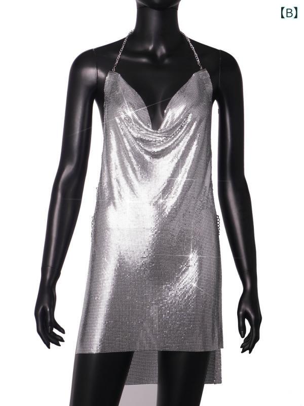 Camisoles - ワンピース 低胸 露背 チェーン 吊り紐 ディープV キラキラ 金属 短袖 切り替え 直筒 ラウンドネック 透け感 金色 銀色 ブラック ローズゴールド ストリート カジュアル クラブ ナイトパーティー