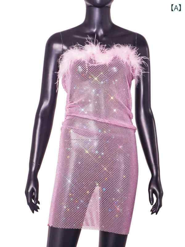 Camisoles - ワンピース メンズ ピンク 夜店 セクシー フィッシュネット 羽毛 スパンコール 直筒 短袖 丸首 切り替え 透け 金属 ストリート クラブ フェス 夏 接触冷感 伸縮性 軽量 かわいい 派手 ダンス 普段使い