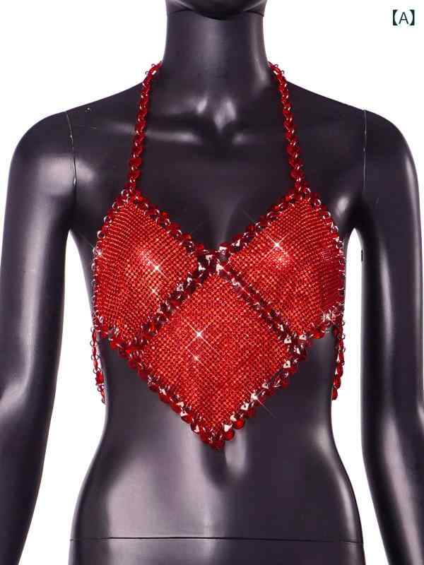 Camisoles - キャミソール レディース 女性用 セクシー 夜店 ビーチ 宝石 刺繍 吊り下げ スパゲッティストラップ 金属 光沢 赤 赤色 夏 春夏 通勤 普段使い 伸縮性 接触冷感 軽量 ビッグシルエット Vネック