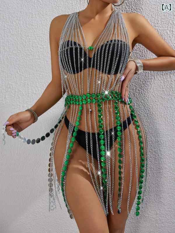 Camisoles - ワンピース 女性用 夏 セクシー 背中開き ハングネック 金属チェーン 宝石装飾 Uネック 泡泡袖 無袖 中丈 銀色 緑 接触冷感 軽量 伸縮性 高級感 私服 通勤 普段使い アウトドア 切り替え