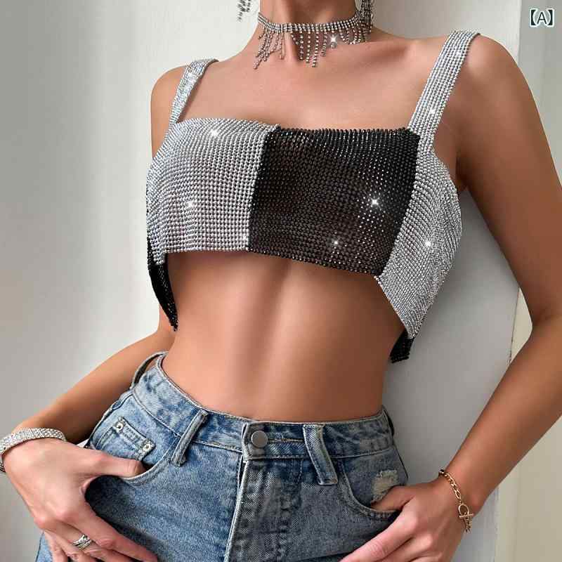 Other - キャミソール レディース セクシー バックレス 吊り下げ トップス 金属 アルミ ピース 装飾 銀色 黒 切り替え 伸縮性 軽量 春 私服 かわいい 女性用 セクシースタイル