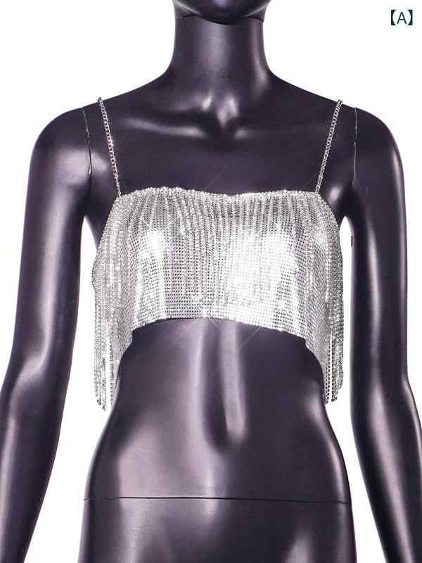 Camisoles - キャミソール レディース 吊り下げ ショート丈 露脐 セクシー 夜店 背心 チューブトップ 切り替え デザイン 水晶 装飾 シルバー メタリック 生地 接触冷感 伸縮性 軽量 クラブ ディスコ ダンス フェス 春夏 私服 かわいい トップス