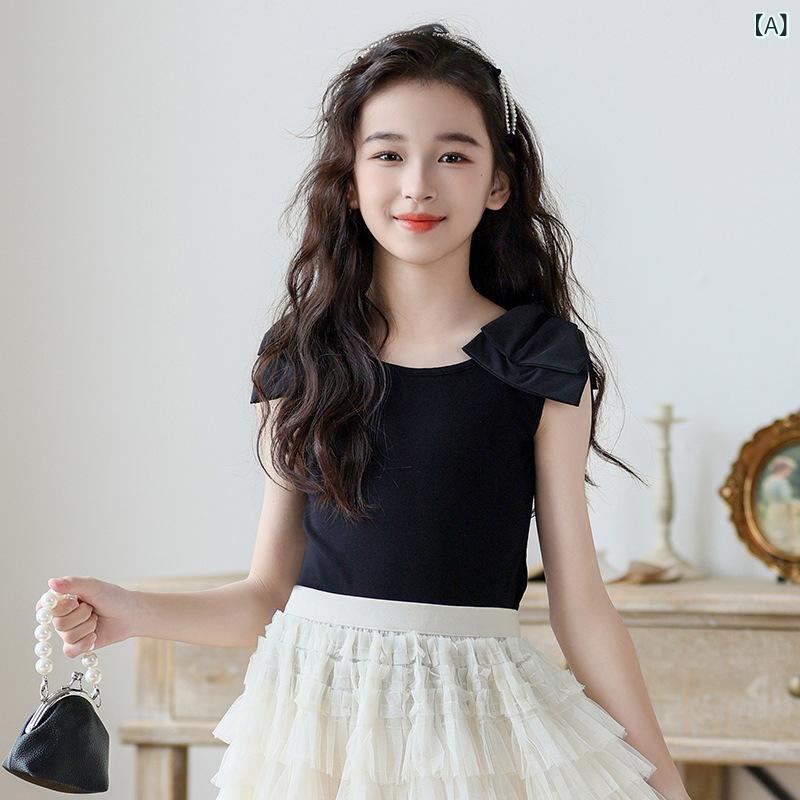 女児 トップス セット 夏 網纱 A字 半身スカート セット かわいい 涼しい ポリエステル コットン 裏地 伸縮性 120cm〜165cm 女の子 普段使い チュール プリーツ 軽量 吸湿速乾 通学
