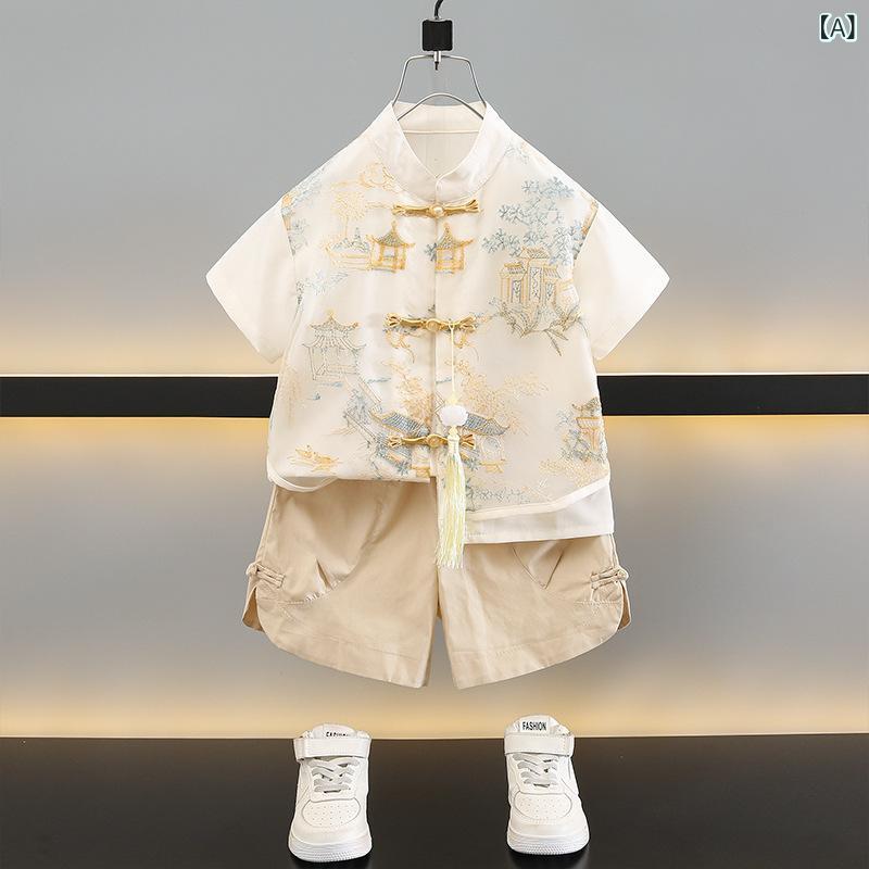 ・カテゴリ: 子供パンツセット・スタイル: 中華風・対象: ユニセックス・袖丈: 半袖・パンツ丈: 膝上丈・主な素材: コットン50%、ポリエステル50%・加工: 柔軟・厚さ: 普通・柄: 無地・カラー展開: ベージュ・サイズ展開: 90,100,110,120,130,140,150・対象年齢: 3〜8歳・閉合方式: シングルボタン