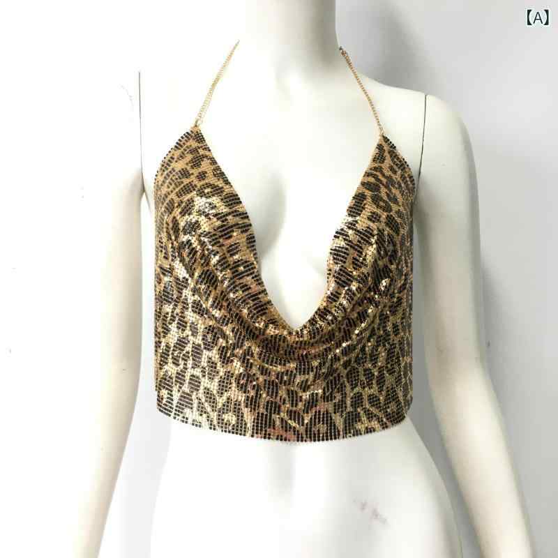 Camisoles - トップス 女性用 ハングネック 肩紐 ワイドシルエット 超短丈 ヒョウ柄 セクシー 金属糸 布地 ゴールド 秋 私服 辣妹 スタイル 軽量 キラキラ