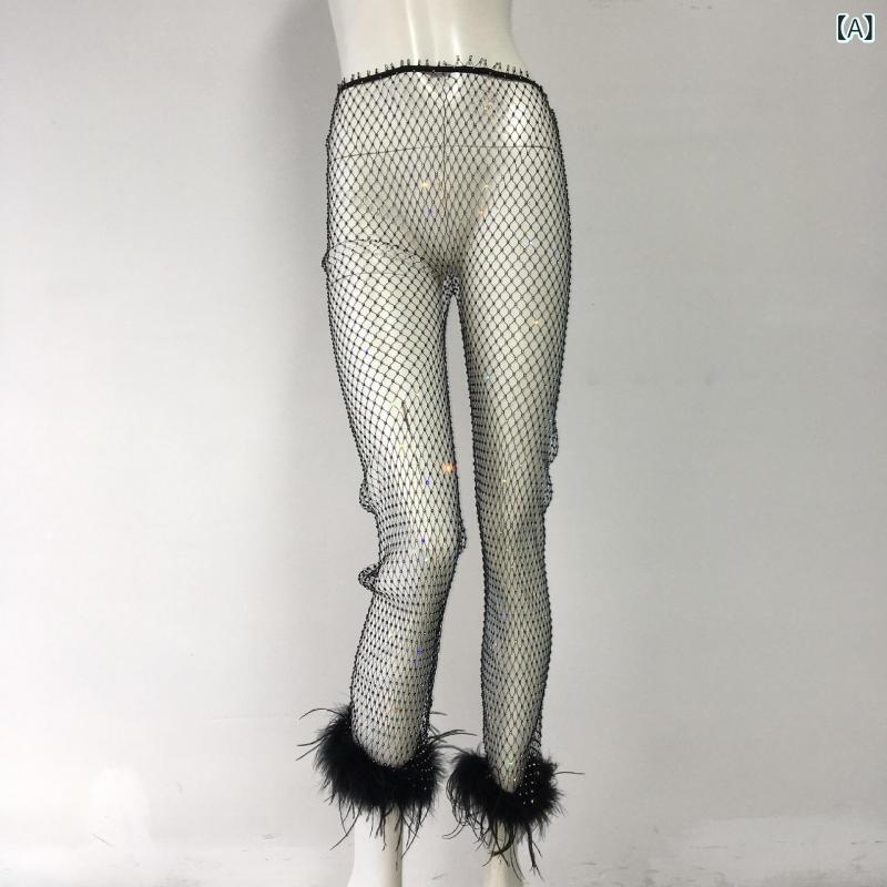 Other - レディース 漁網パンツ セクシー ロングパンツ ブラック 伸縮性 中腰 直筒 タイトフィット 水晶装飾 ダスト毛飾り 切り抜き加工 ポリエステル プラスチック混紡 私服 セクシー 辣妹 スタイル カジュアル レジャー用 弾力 中弾力 人気 黒 ロング丈