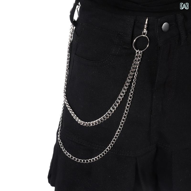 Beads - 腰チェーン メンズ レディース 男女兼用 金属 シンプル 銀色 嘻哈 朋克 切り替え 龍虾扣 軽量 伸縮性 通勤 普段使い デニム 西装 アクセサリー 双圈 短め