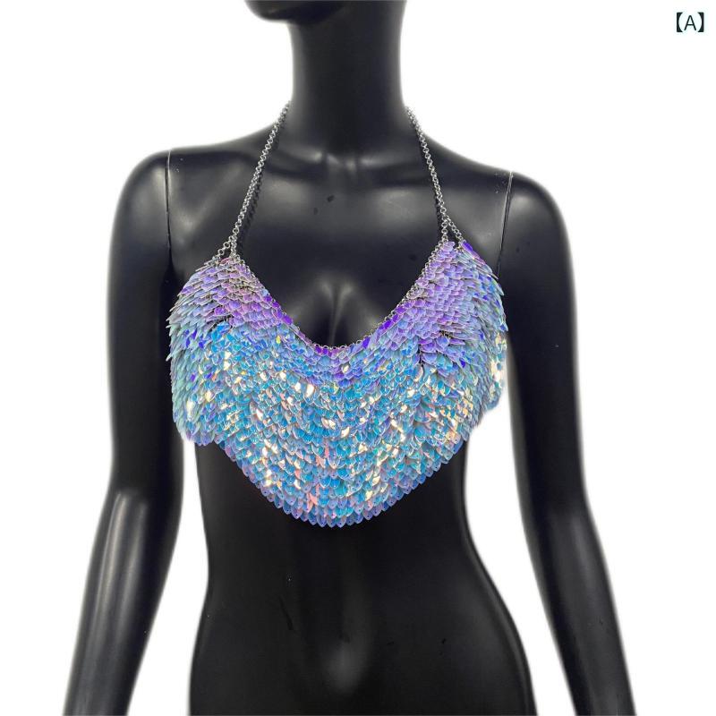 Camisoles - ボディチェーン 女性用 胸チェーン ハート形 カラフル 輝くパーツ 切り替え 浅ブルー 紫 グリーン プラスチック 樹脂 秋冬 パーティー セクシー アクセサリー 華やか レイヤード