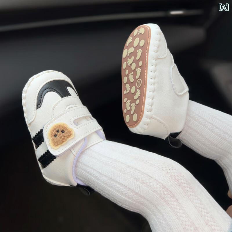 ベビーシューズ 男女赤ちゃん用 学歩 防滑 ソフト底 透気 小白シューズ 春秋 接触冷感 人造革 魔術貼 黒 赤 カジュアル 軽量 伸縮性 車縫線 クマ柄 0-18ヶ月