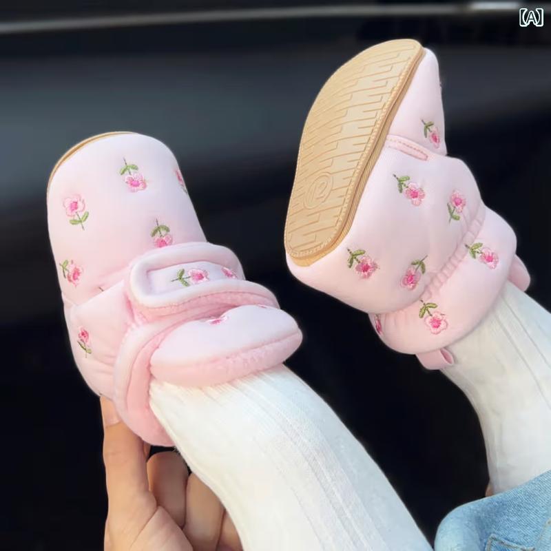 Shoes - ベビー 女の子 靴 冬 保暖 綿 靴 加厚 フラワー ピンク ホワイト ベージュ ブラウン 学歩 柔らか底 ゴム底 防滑 魔術テープ 綿布 赤ちゃん 足元 暖か 室内履き 歩き始め