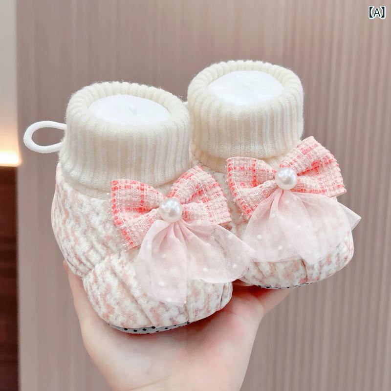 Shoes - ベビーシューズ 女の子用 秋冬 保暖 加厚 厚底 綿 靴下 セット 防滑 学歩靴 ピンク ブルー ブラウン ラベンダー 格子柄 プリンセス風 後ろ紐 スエード素材 暖か 室内履き 柔らか 伸縮性 かわいい 足首固定