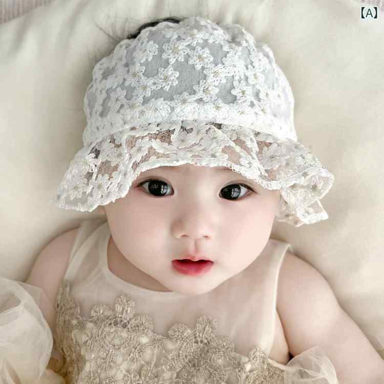 ベビー帽子 女の子用 夏用 薄手 レース プリンセス 風 囟門保護 遮陽 空頂帽 短檐 綿混紡 涤纶 ストレッチ かわいい 花柄 清新 ピンク 桜色 アイボリー 0-2歳 軽量 通気性 柔らかい 新生児 赤ちゃん用